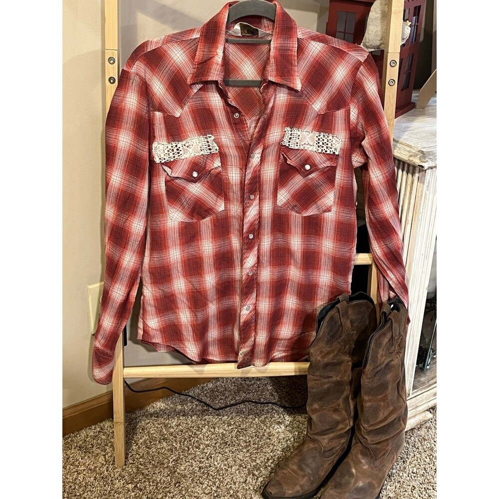 Handmade Vintage Western Plaid Shirt Butterfly Lace Americana Boho Medium